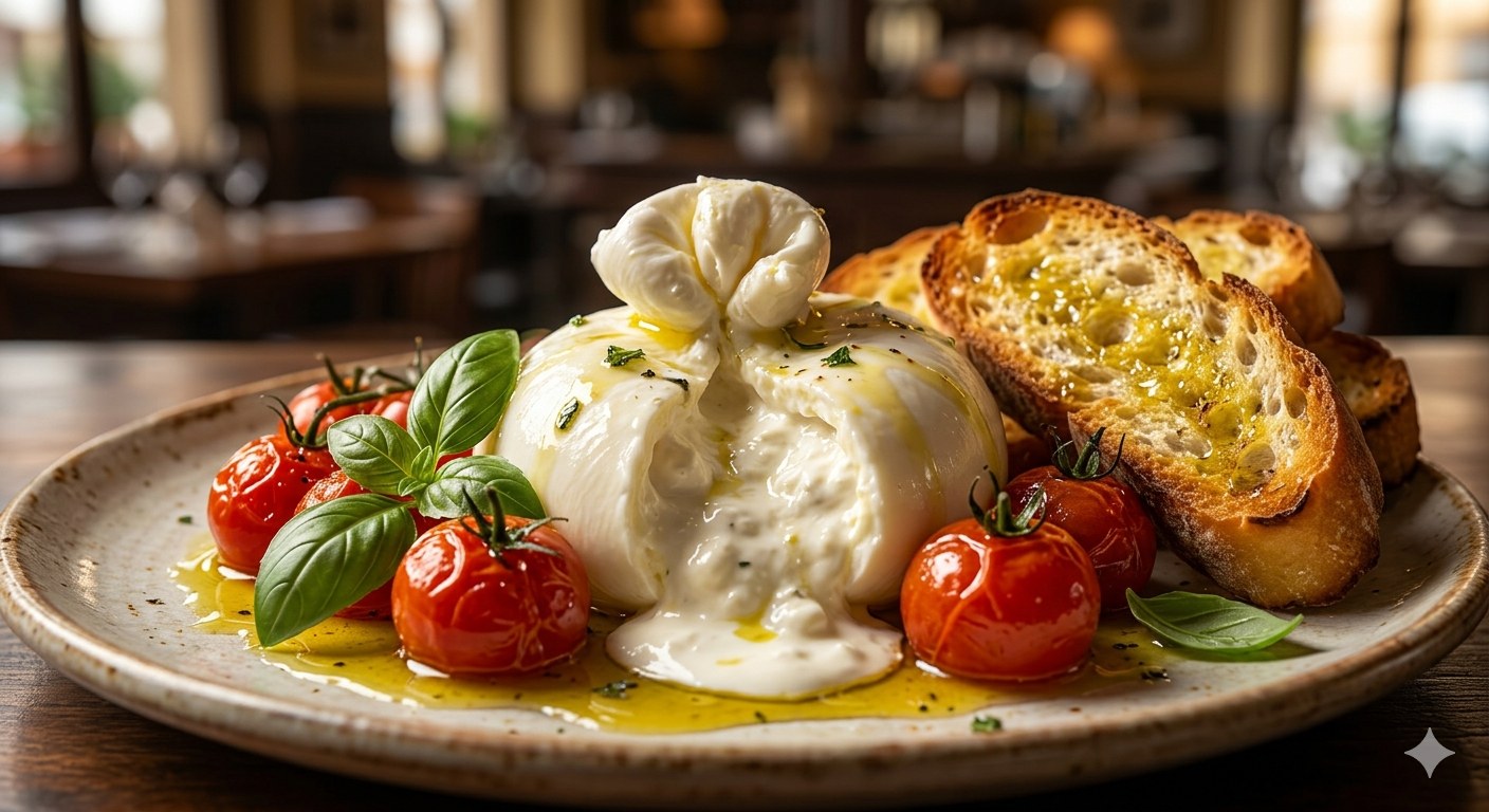 Burrata con tomates confitados